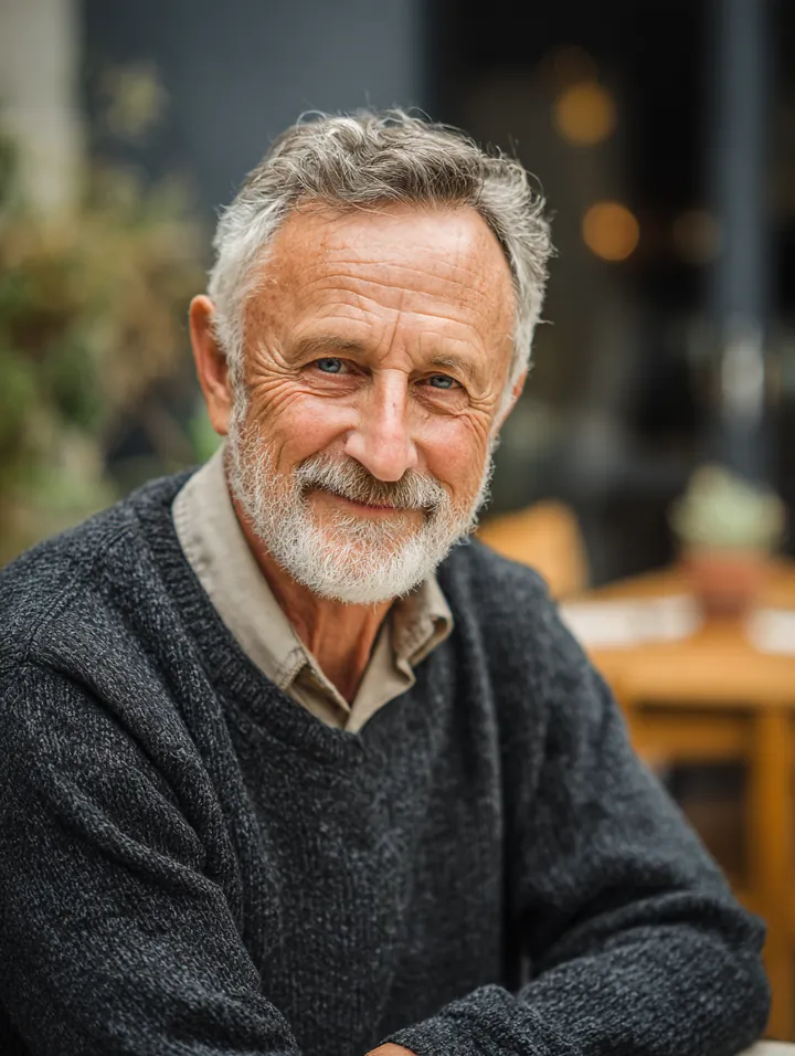 Man in his 60s wearing a knit sweater standing among raised beds at a community garden