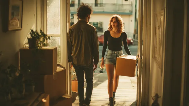 Couple in their 30s carrying moving boxes through the front door of their new apartment, a move many people cover with a $2,000 loan