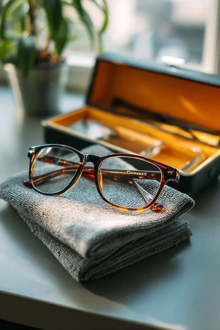 Flat lay of new prescription eyeglasses resting in an open case on a table