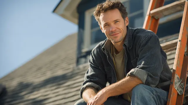 Roofer in his 30s on a ladder replacing shingles on a suburban roof, a repair many homeowners cover with a $4,000 loan