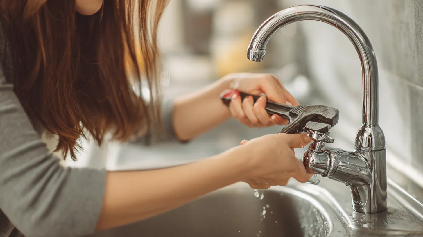 Woman's hands tightening a new chrome faucet with a wrench at a kitchen sink, the kind of quick home fix a $500 loan might cover