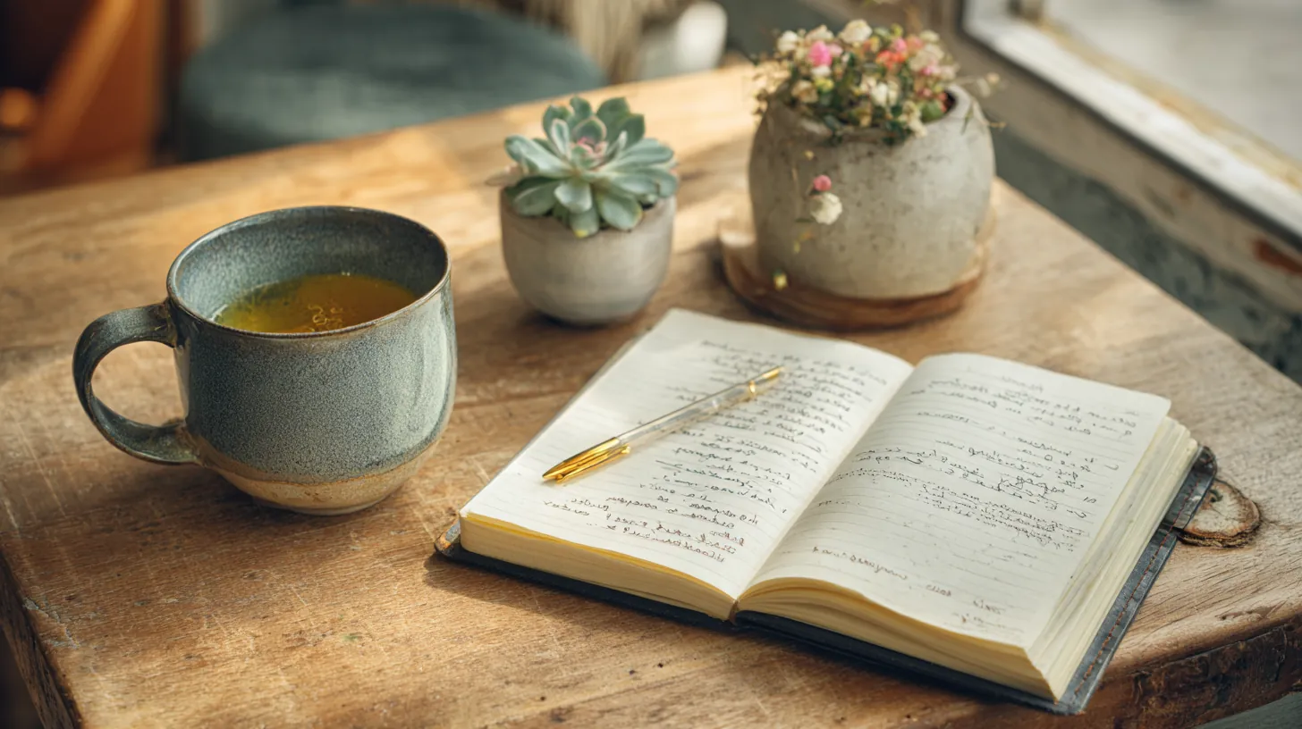 Open notebook with handwritten headings beside a mug of tea and a small succulent on a cafe table, notes for comparing sunset loans