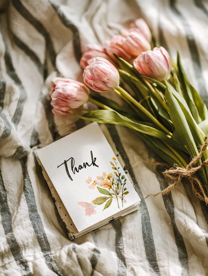 Flat lay of a handwritten thank-you card beside pink tulips on a striped picnic blanket, a reminder of real feedback behind sunset loans reviews