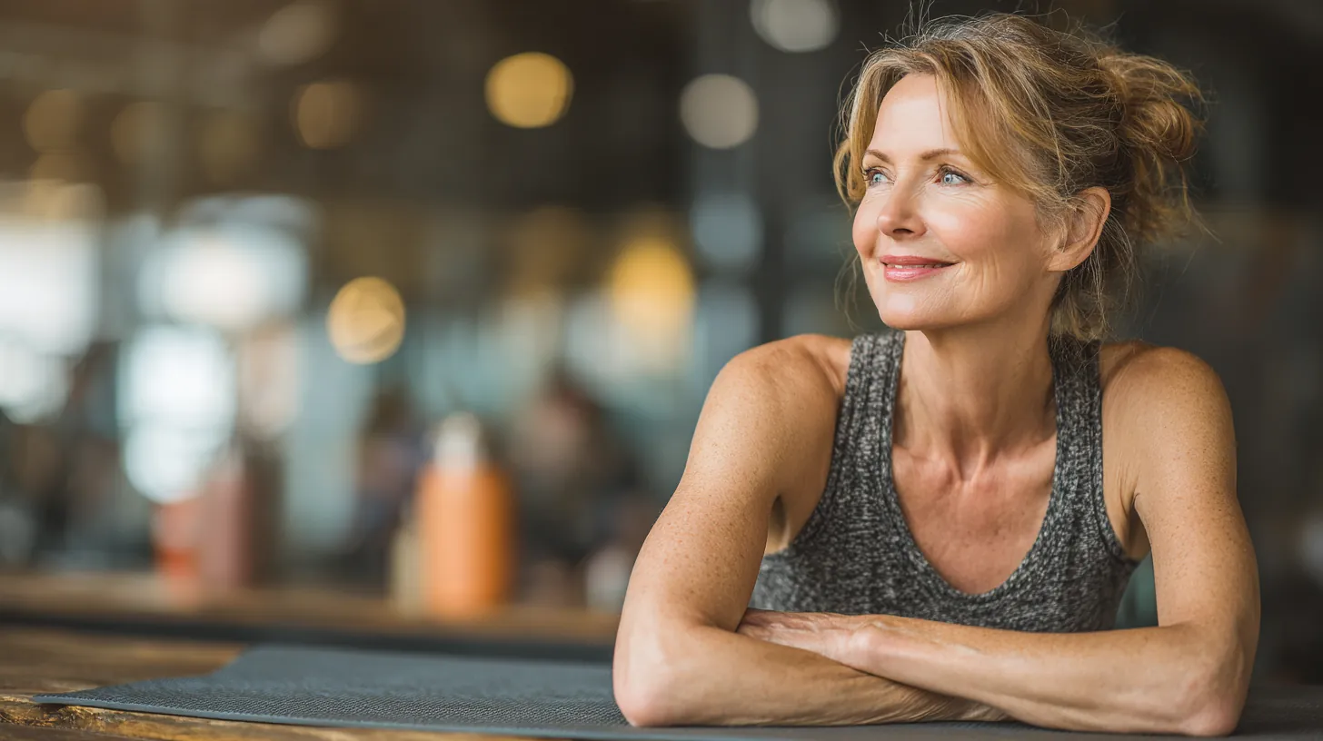 Woman in her 50s stretching on a yoga mat at home, calm after sorting her sunset loans and card balances into one plan