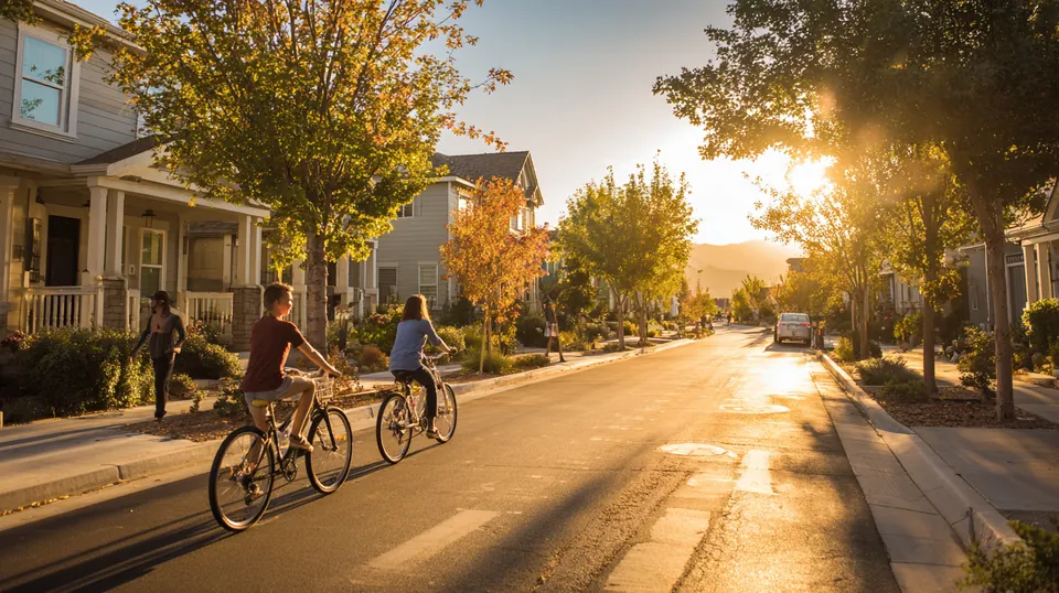 Suburban street at sunset with neighbors strolling and cycling