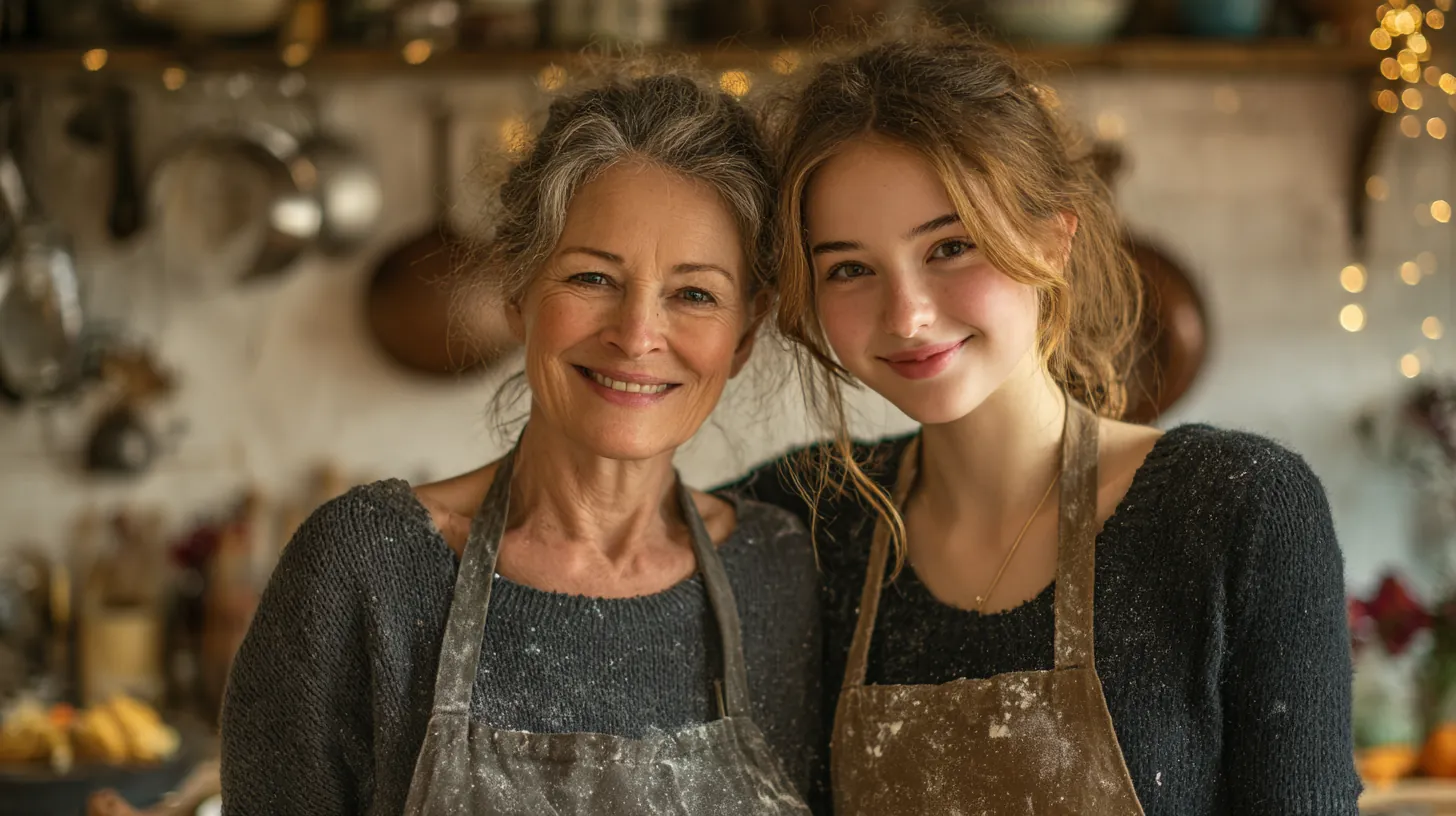 Grandmother in her 60s and teenage granddaughter baking in a festive kitchen with flour on their aprons, planning a holiday without relying on sunset loans