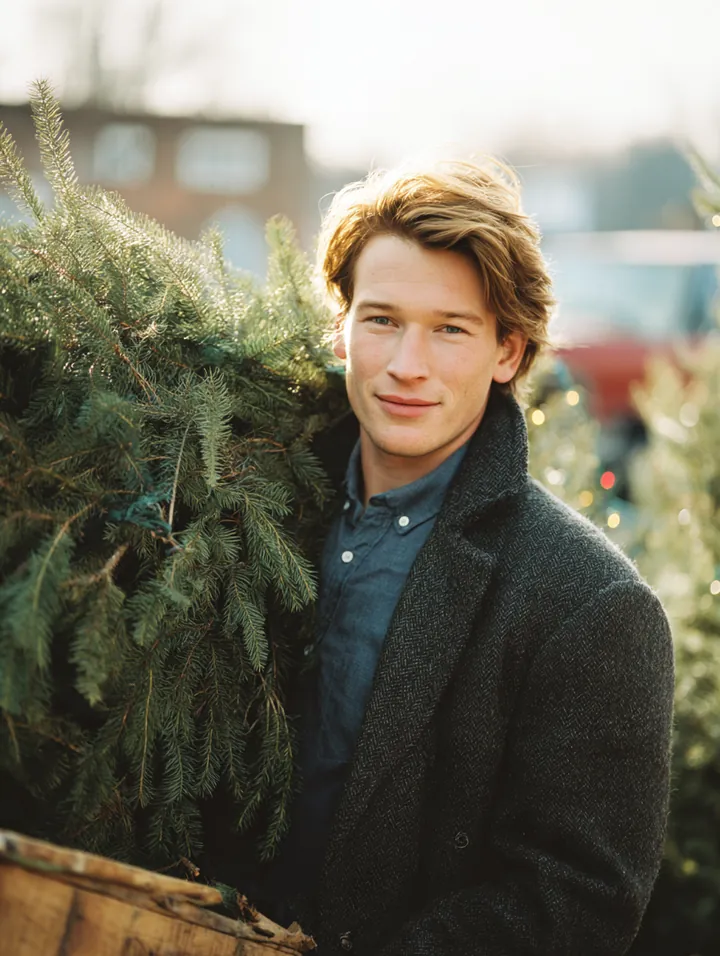 Man in his 30s hauling a fresh-cut evergreen tree through a holiday tree lot