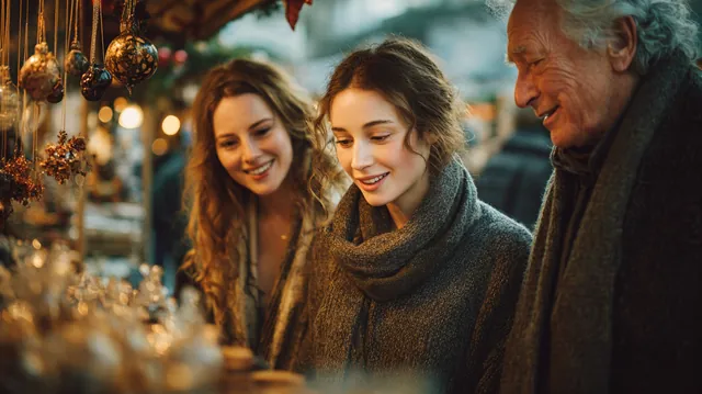 Three-generation family browsing a glowing outdoor holiday market stall of handmade ornaments, budgeting for the season before choosing sunset loans