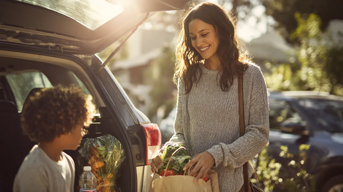 Mother in her 30s and her young son loading grocery bags into an SUV trunk after budgeting for short sunset loans