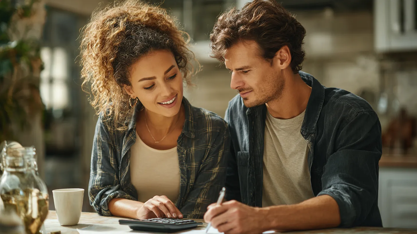 Couple in their 30s tallying numbers on a desktop calculator at a kitchen table while estimating sunset loans payments