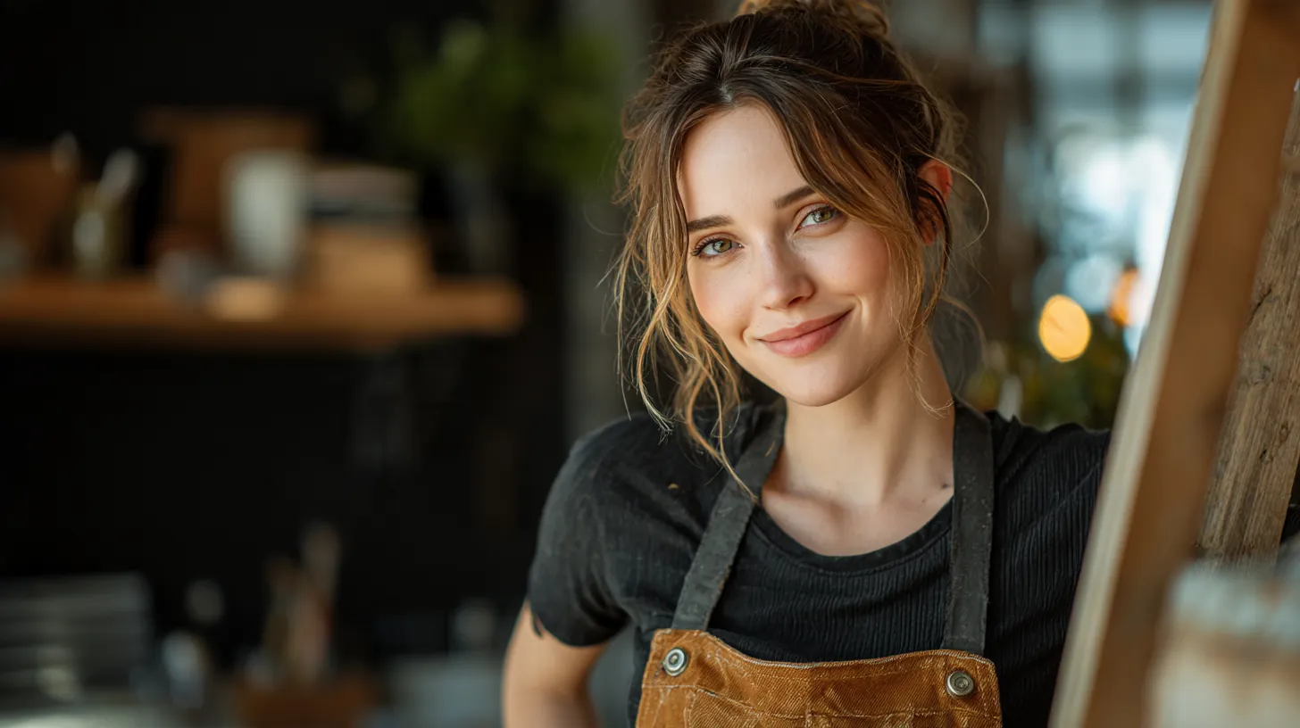 Carpenter in her 30s checking a wooden shelf with a spirit level at her workbench, a self-employed worker reviewing eligibility for sunset loans