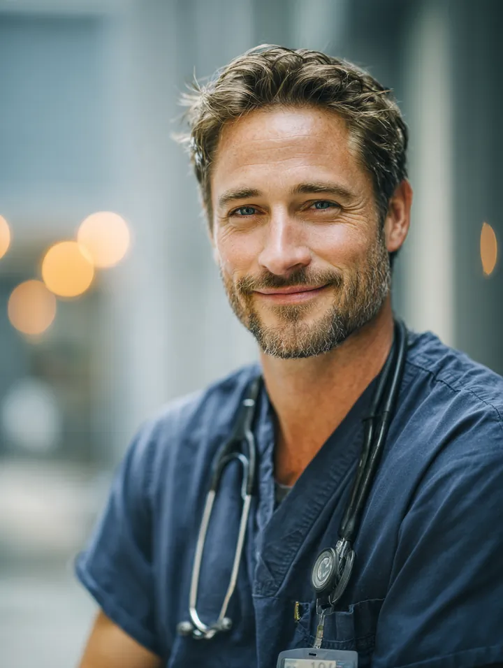 Male nurse in his 40s wearing navy scrubs walking down a hospital corridor