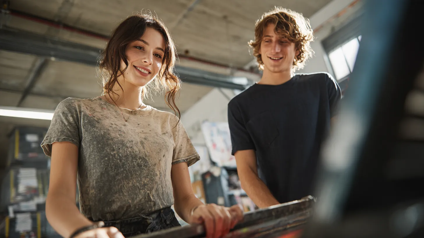Two friends in their 20s screen-printing t-shirts in a small studio, the kind of startup some founders fund with sunset loans