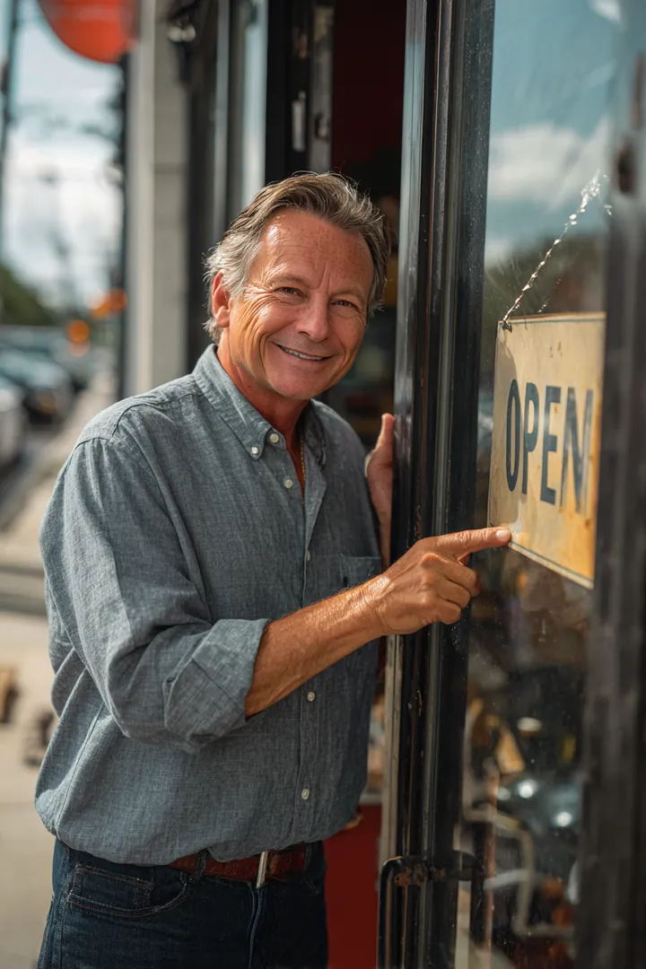 Man in his 50s flipping the open sign on the glass door of his hardware store