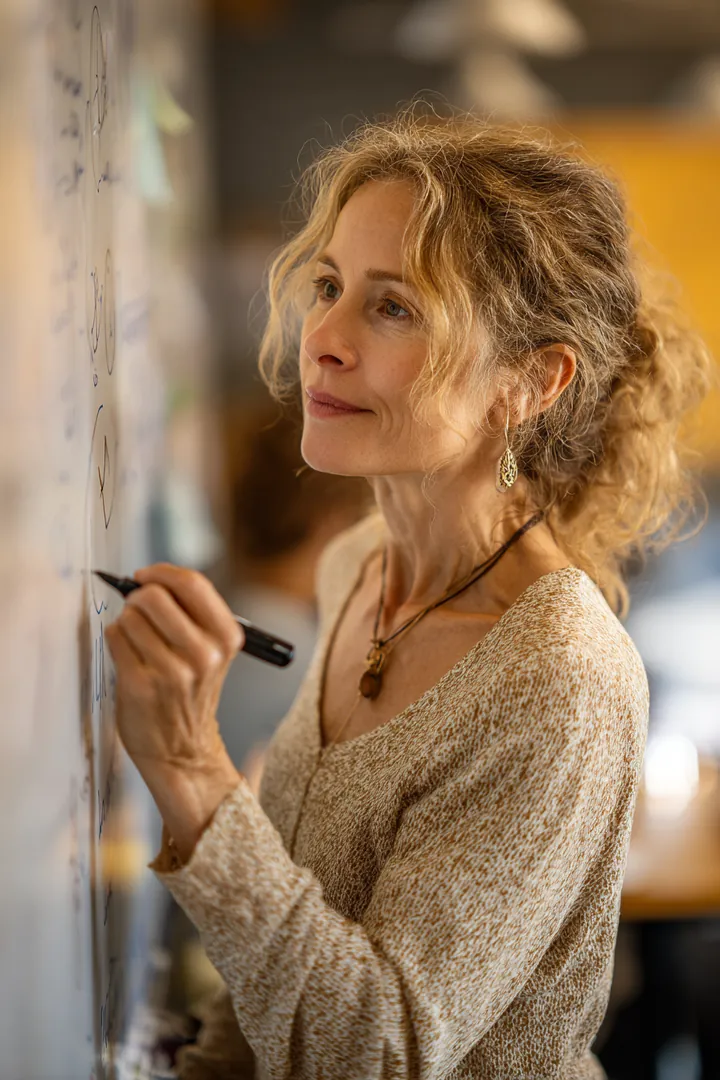 Woman in her 50s writing a diagram on a whiteboard while leading a community-center workshop on personal loan basics