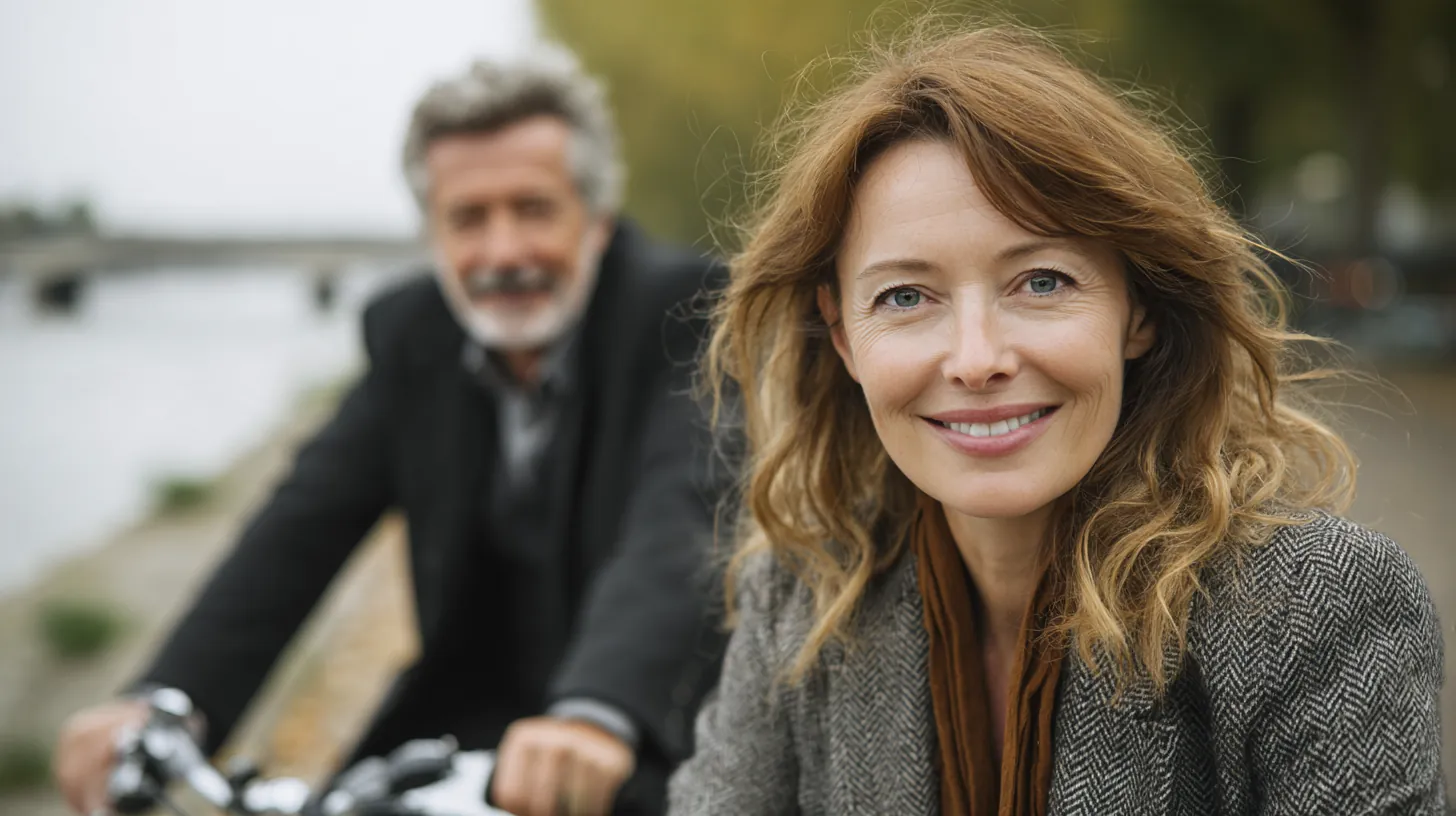 Two friends in their 50s riding city bikes on a riverside trail, the woman in front smiling, after comparing sunset loans rates