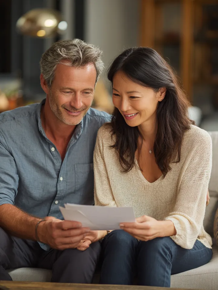 Couple in their 40s reviewing household bills together on a sofa, comparing a personal loan with a card balance
