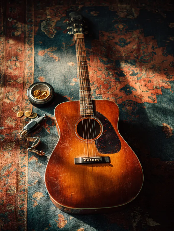 New acoustic guitar lying on a woven rug next to a capo and a few guitar picks
