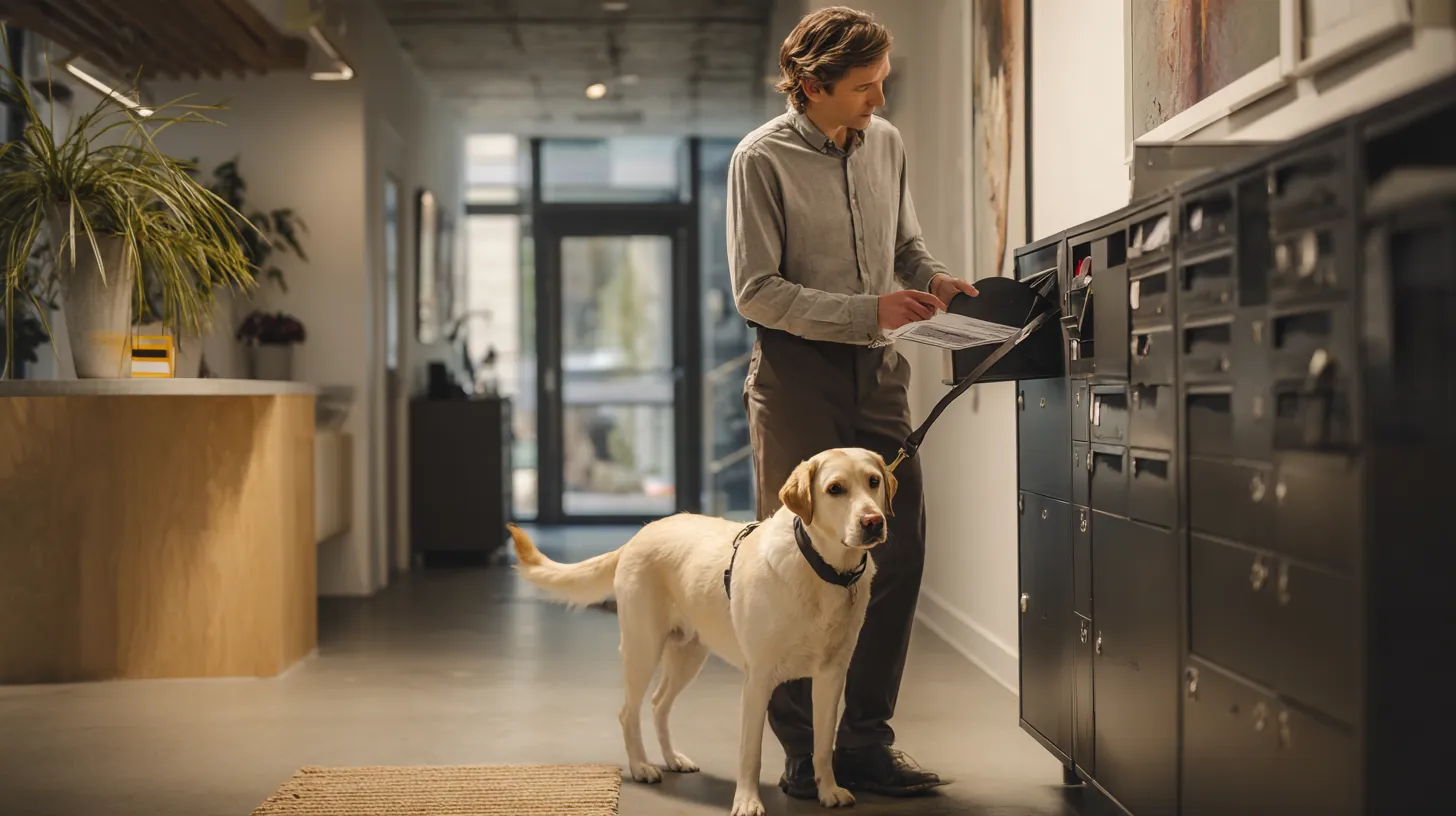 Man in his 40s closing his apartment mailbox with his labrador on a leash beside him
