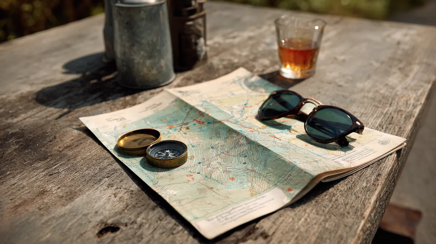 Folded trail map, brass compass and sunglasses on a wooden trailhead picnic table