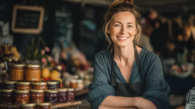 Woman in her 40s stacking jars of homemade jam at her farmers market booth, a seller who might weigh sunset loans for a seasonal rush