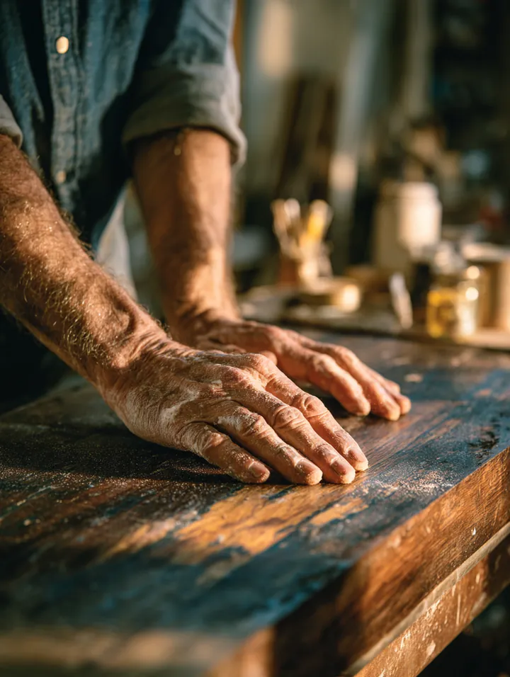 Close-up of hands sanding a walnut cutting board on a workbench